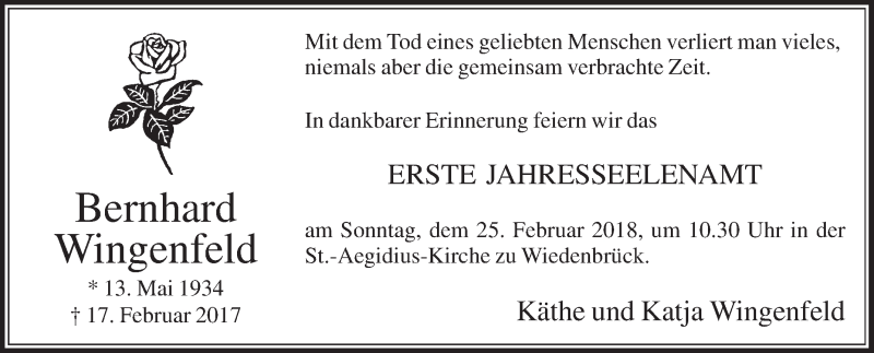  Traueranzeige für Bernhard Wingenfeld vom 23.02.2018 aus Die Glocke