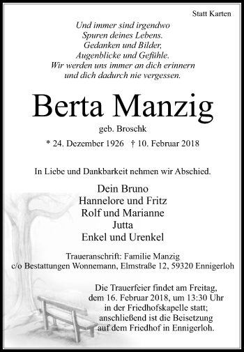 Traueranzeige von Berta Manzig von Die Glocke