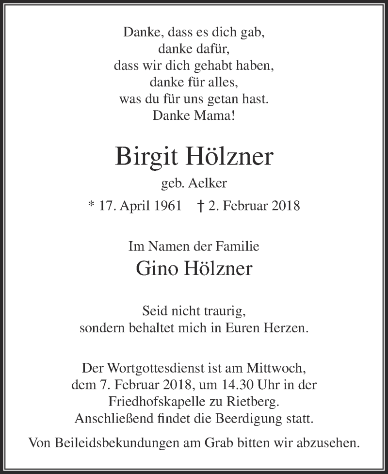  Traueranzeige für Birgit Hölzner vom 05.02.2018 aus Die Glocke
