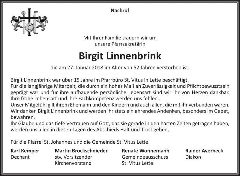  Traueranzeige für Birgit Linnenbrink vom 01.02.2018 aus Die Glocke