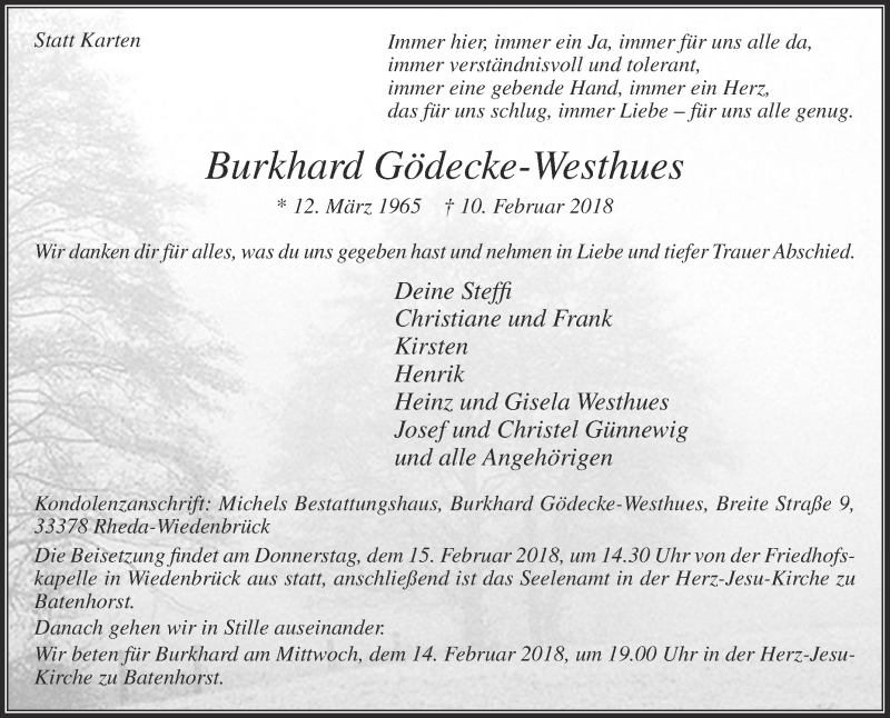  Traueranzeige für Burkhard Gödecke-Westhues vom 12.02.2018 aus Die Glocke