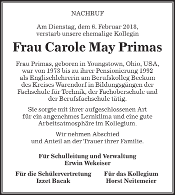 Traueranzeige von Carole May Primas von Die Glocke