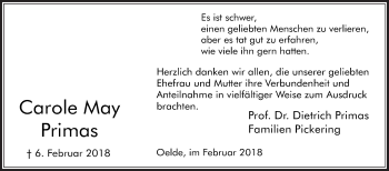 Traueranzeige von Carole May Primas von Die Glocke