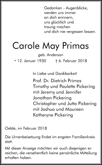 Traueranzeige von Carole May Primas von Die Glocke