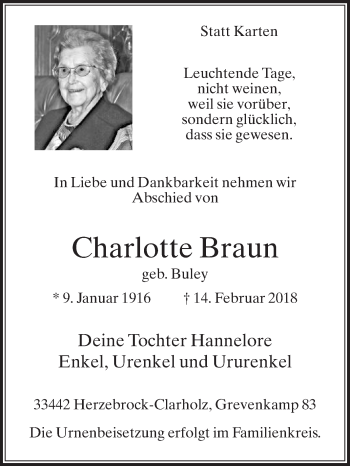 Traueranzeige von Charlotte Braun von Die Glocke