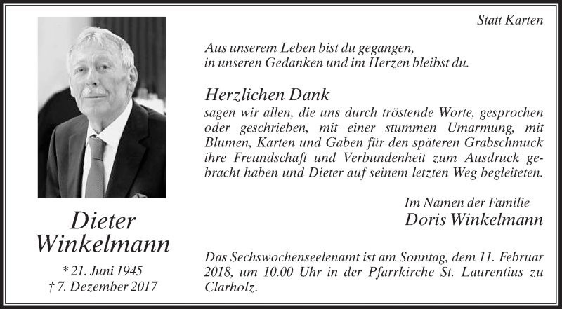  Traueranzeige für Dieter Winkelmann vom 03.02.2018 aus Die Glocke