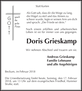 Traueranzeige von Doris Grieskamp von Die Glocke