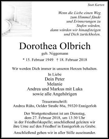 Traueranzeige von Dorothea Olbrich von Die Glocke