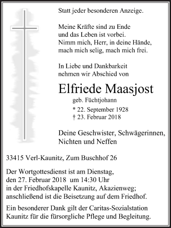 Traueranzeige von Elfriede Maasjost von Die Glocke