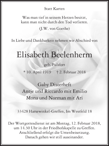Traueranzeige von Elisabeth Beelenherm von Die Glocke