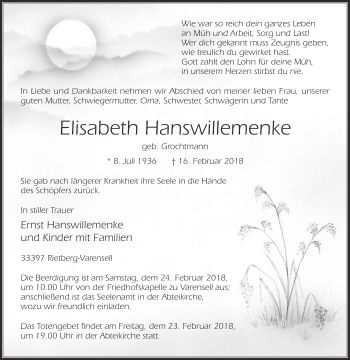 Traueranzeige von Elisabeth Hanswillemenke von Die Glocke