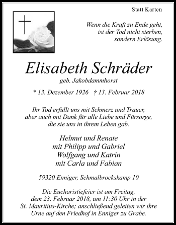 Traueranzeige von Elisabeth Schräder von Die Glocke