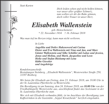 Traueranzeige von Elisabeth Wallenstein von Die Glocke