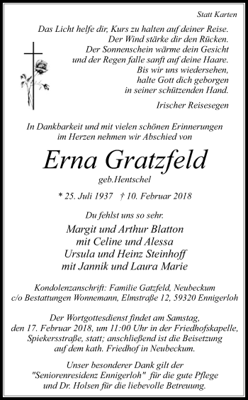Traueranzeige von Erna Gratzfeld von Die Glocke