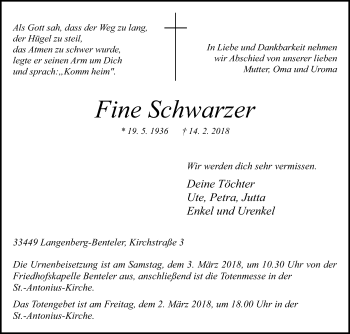 Traueranzeige von Fine Schwarzer von Die Glocke
