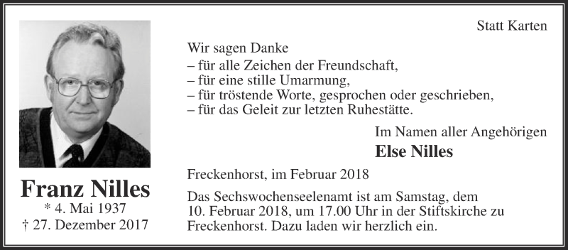  Traueranzeige für Franz Nilles vom 03.02.2018 aus Die Glocke