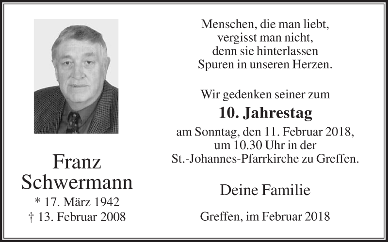  Traueranzeige für Franz Schwermann vom 07.02.2018 aus Die Glocke