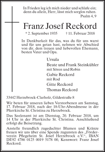 Traueranzeige von Franz Josef Reckord von Die Glocke