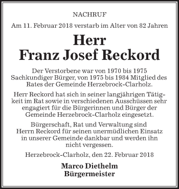 Traueranzeige von Franz Josef Reckord von Die Glocke