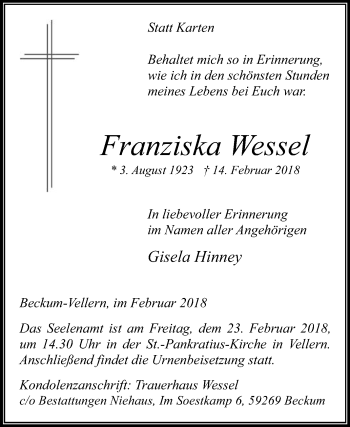 Traueranzeige von Franziska Wessel von Die Glocke
