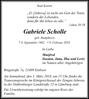 Traueranzeige von Gabriele Scholle von Die Glocke