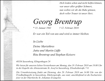 Traueranzeige von Georg Brentrup von Die Glocke