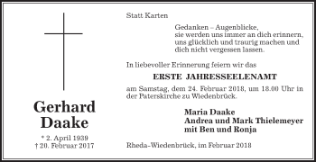 Traueranzeige von Gerhard Daake von Die Glocke