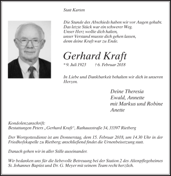 Traueranzeige von Gerhard Kraft von Die Glocke
