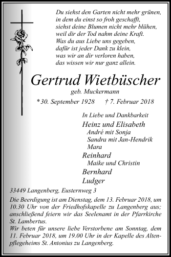 Traueranzeige von Gertrud Wietbüscher von Die Glocke