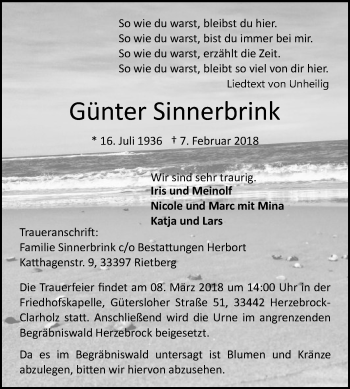 Traueranzeige von Günter Sinnerbrink von Die Glocke