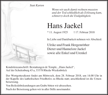 Traueranzeige von Hans Jaekel von Die Glocke