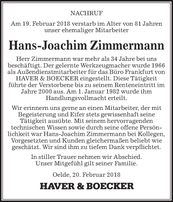 Traueranzeige von Hans-Joachim Zimmermann von Die Glocke