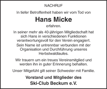 Traueranzeige von Hans Micke von Die Glocke