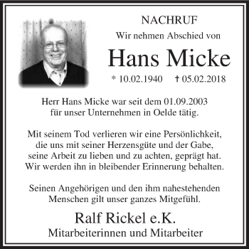 Traueranzeige von Hans Micke von Die Glocke