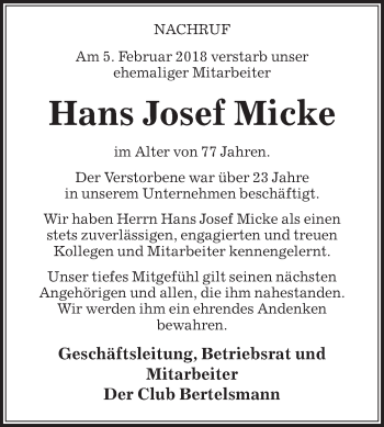 Traueranzeige von Hans Josef Micke von Die Glocke