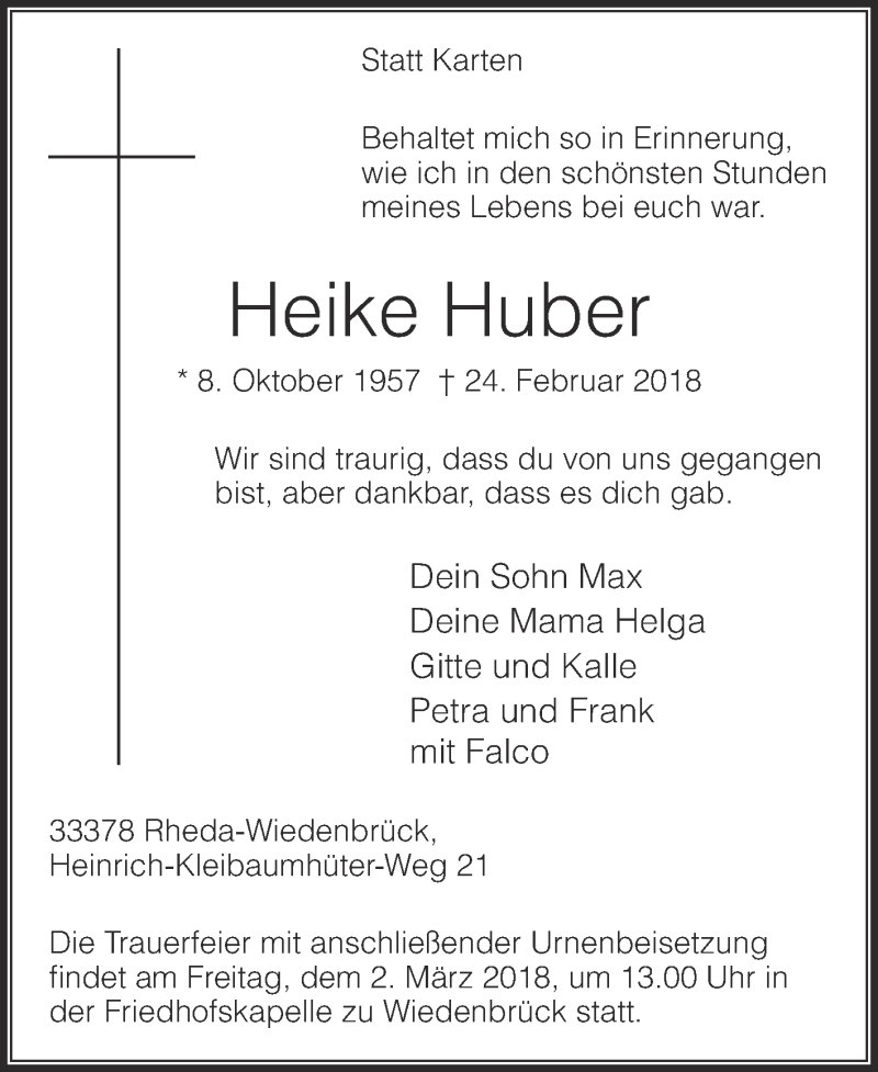  Traueranzeige für Heike Huber vom 27.02.2018 aus Die Glocke