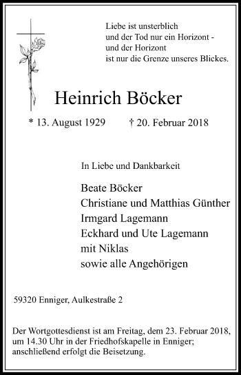 Traueranzeige von Heinrich Böcker von Die Glocke