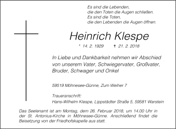 Traueranzeige von Heinrich Klespe von Die Glocke