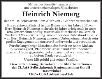 Traueranzeige von Heinrich Niemerg von Die Glocke