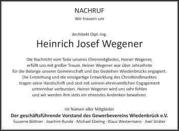 Traueranzeige von Heinrich Josef Wegener von Die Glocke