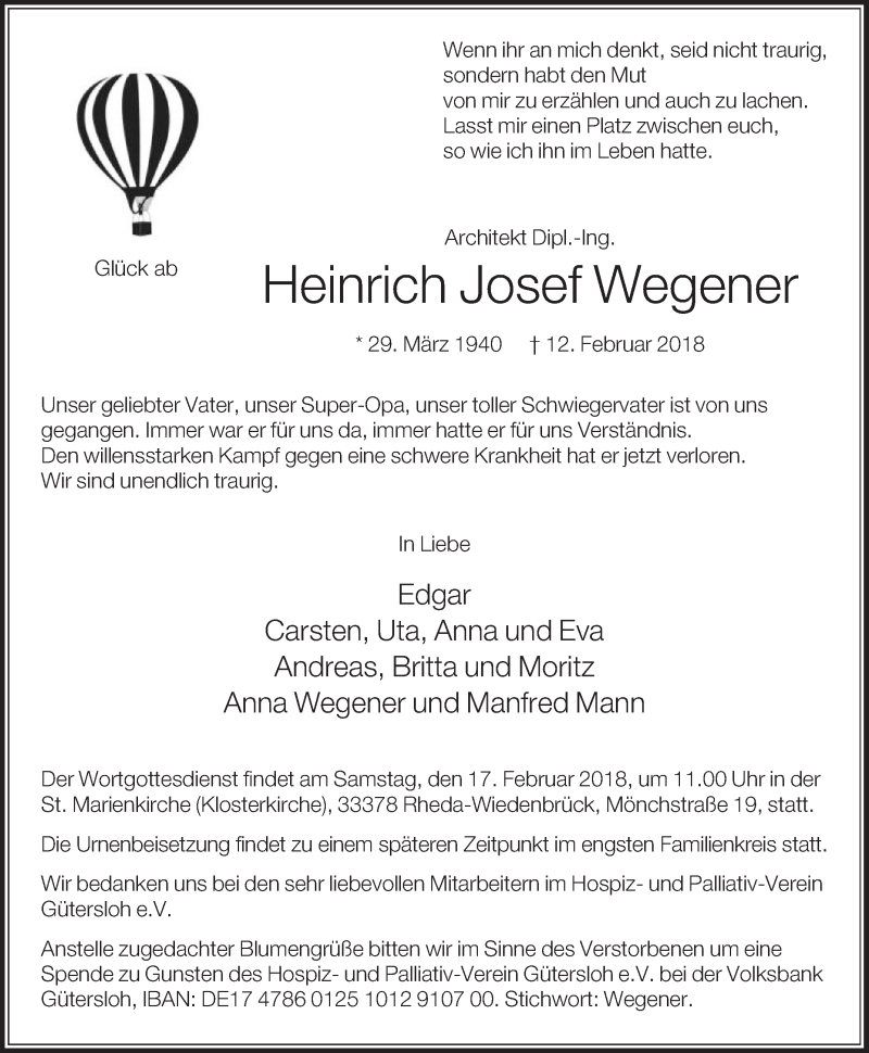  Traueranzeige für Heinrich Josef Wegener vom 14.02.2018 aus Die Glocke