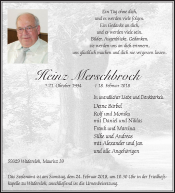 Traueranzeige von Heinz Merschbrock von Die Glocke