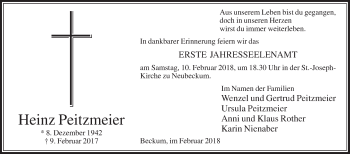 Traueranzeige von Heinz Peitzmeier von Die Glocke