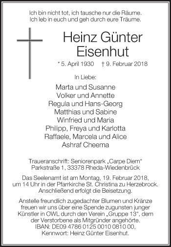 Traueranzeige von Heinz Günter Eisenhut von Die Glocke
