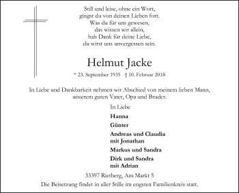 Traueranzeige von Helmut Jacke von Die Glocke