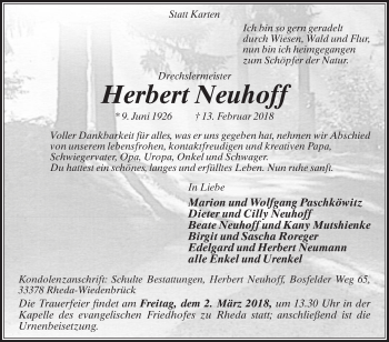 Traueranzeige von Herbert Neuhoff von Die Glocke