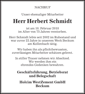 Traueranzeige von Herbert Schmidt von Die Glocke