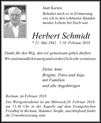Traueranzeige von Herbert Schmidt von Die Glocke