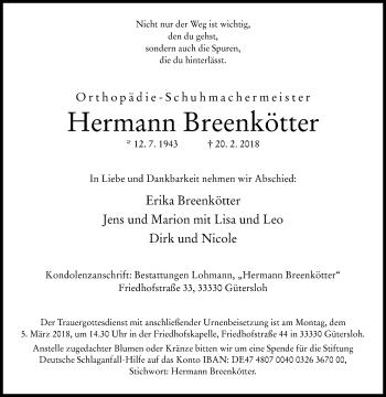 Traueranzeige von Hermann Breenkötter von Die Glocke