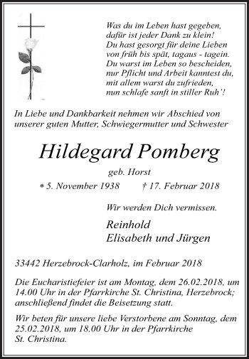 Traueranzeige von Hildegard Pomberg von Die Glocke